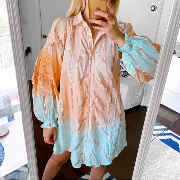 🩵 MISS JUNE PEACH BLUE OMBRÉ COLLARED LOOSE FIT MINI DRESS! (no belt) - Picture 5 of 16